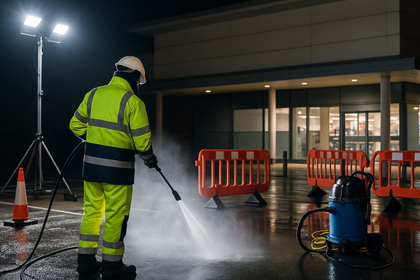 Montage of building cleaning in Braintree for cladding, roofs and car parks