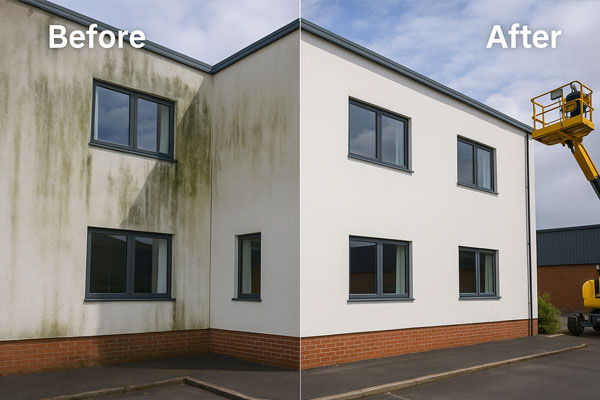 Building cleaning montage in Towcester showing façade wash, roof and gutter care, and car park jet wash
